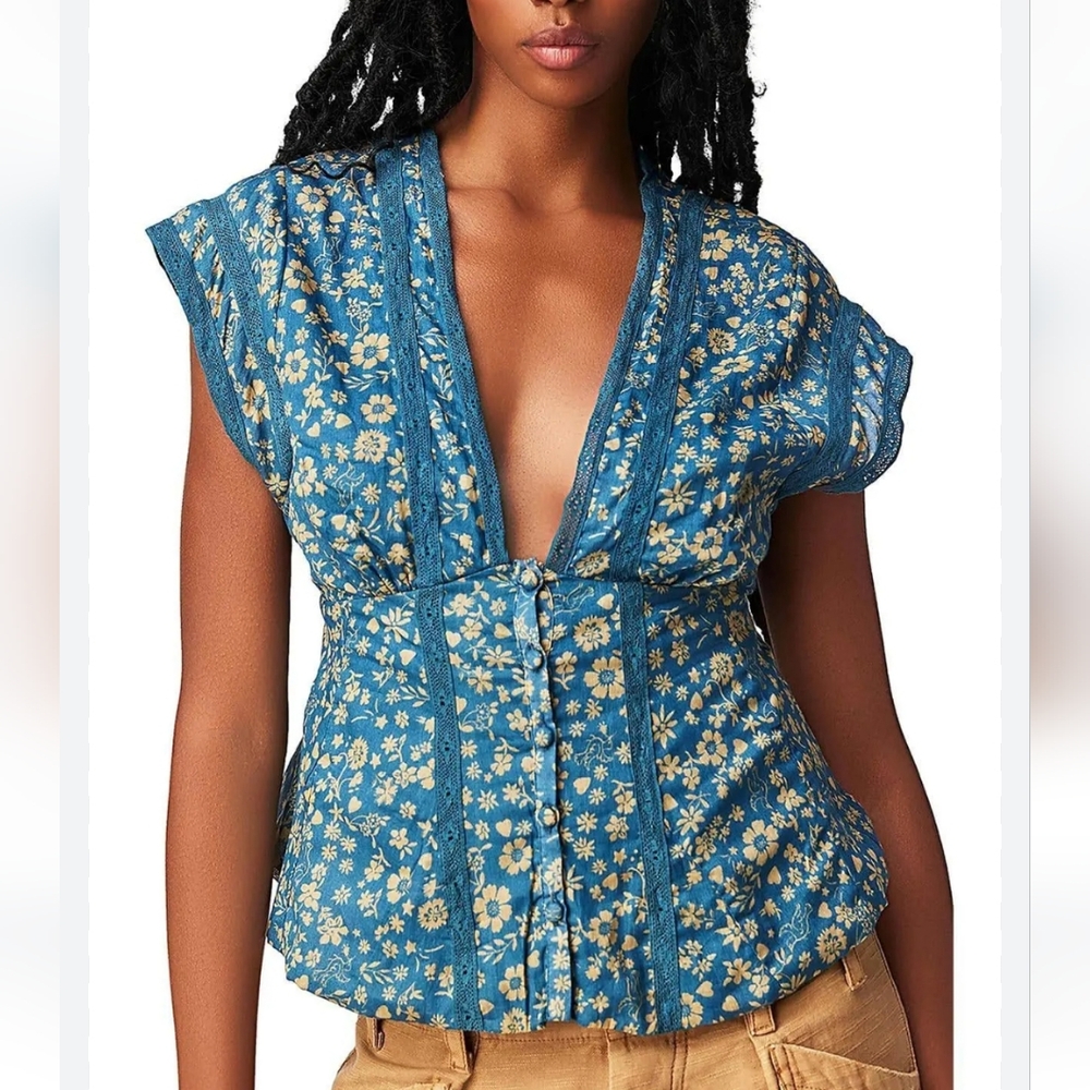 Free People Blue Floral Blouse
